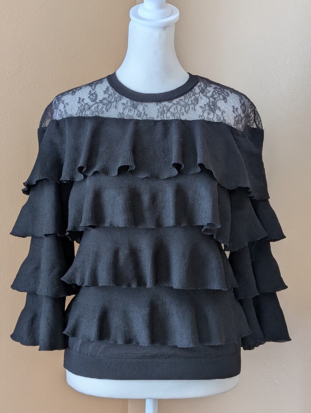 Valentino Black Wool Ruffle Lace Panel Knit Sweater Medium